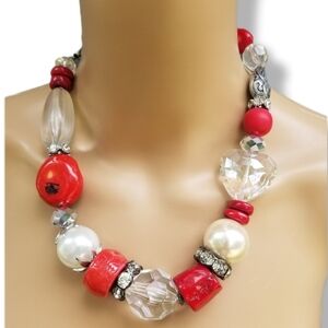 GENUINE RED CORAL & MIXED MEDLEY BEAD CHUNKY STATEMENT NECKLACE